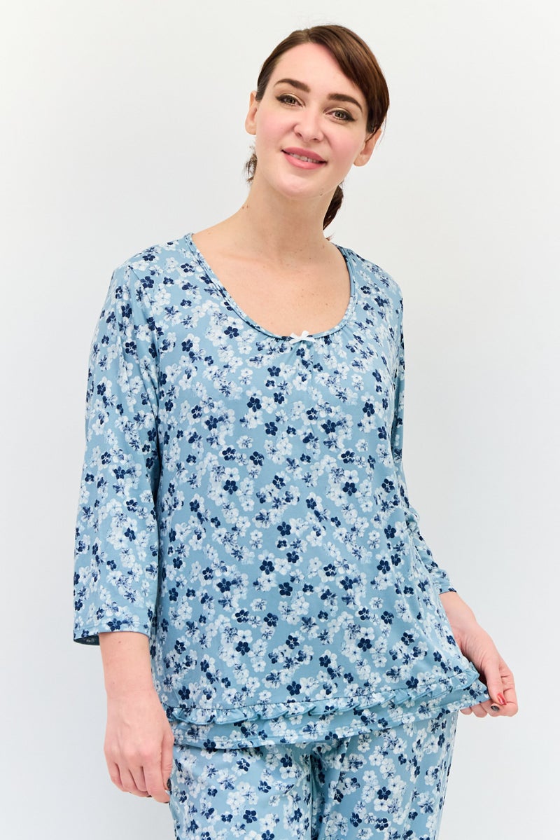 ELLEN TRACY Women 2Pcs Floral Print Top And Pyjamas Sleepwear Set, Multicolor - Image 2