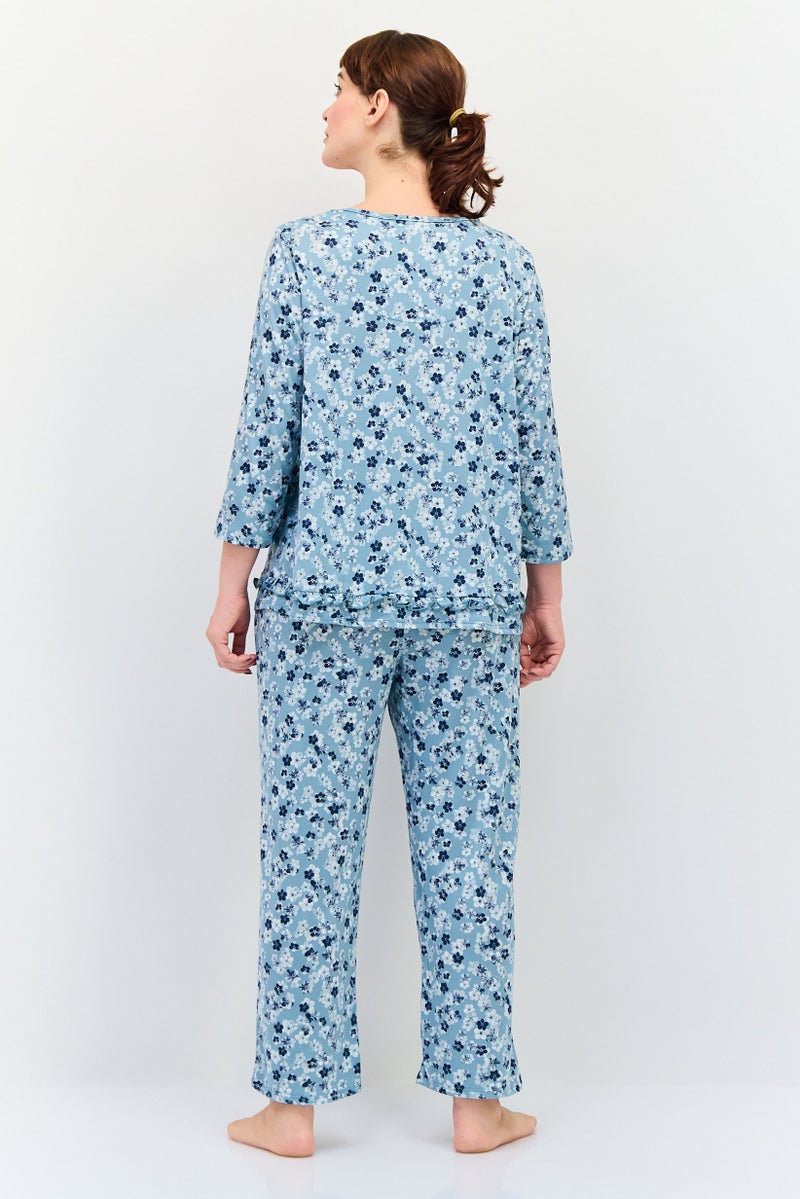 ELLEN TRACY Women 2Pcs Floral Print Top And Pyjamas Sleepwear Set, Multicolor - Image 4