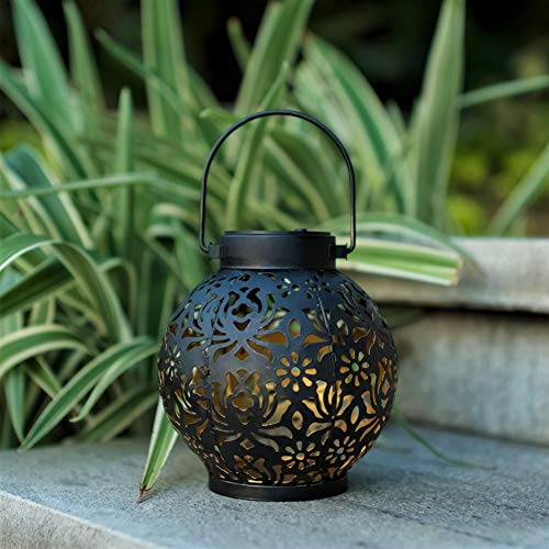 EXCMARK 2 Pack Outdoor Solar Hanging Lantern Lights Metal LED Decorative Lamp for Garden Patio Courtyard Lawn and Table with Hollowed-Out Design (Black) - Image 5