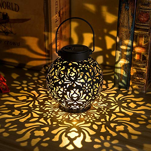 EXCMARK 2 Pack Outdoor Solar Hanging Lantern Lights Metal LED Decorative Lamp for Garden Patio Courtyard Lawn and Table with Hollowed-Out Design (Black) - Image 1