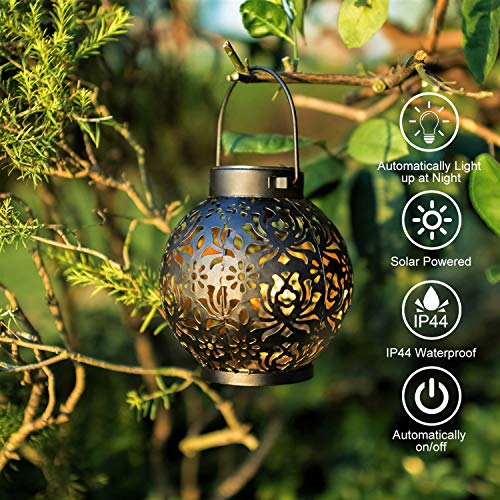 EXCMARK 2 Pack Outdoor Solar Hanging Lantern Lights Metal LED Decorative Lamp for Garden Patio Courtyard Lawn and Table with Hollowed-Out Design (Black) - Image 2