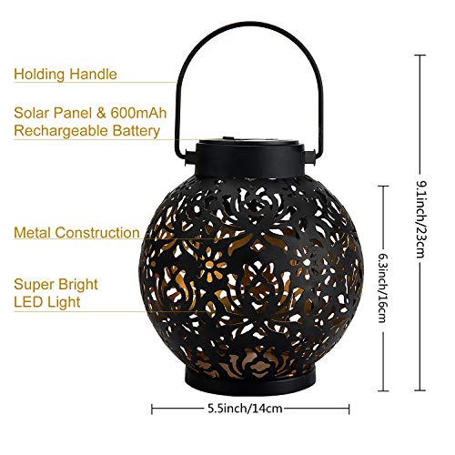 EXCMARK 2 Pack Outdoor Solar Hanging Lantern Lights Metal LED Decorative Lamp for Garden Patio Courtyard Lawn and Table with Hollowed-Out Design (Black) - Image 3