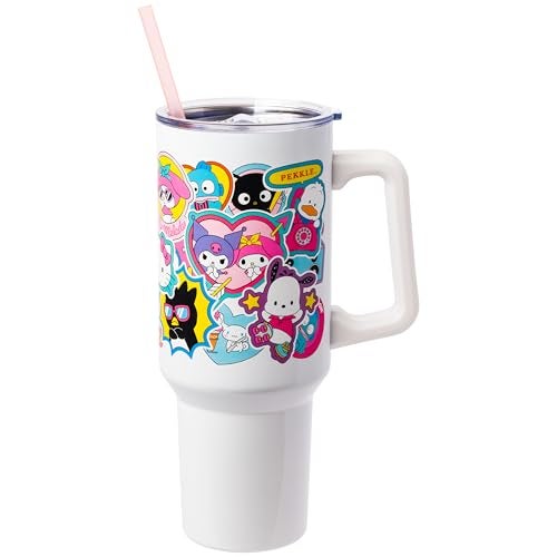 Silver Buffalo Sanrio Hello Kitty and Friends Cinnamoroll Kuromi Chococat BadtzMaru Keroppi etc Sticker Collage Stainless Steel Tumbler w Handle and Straw Fits in Standard Cup Holder 40 Ounces