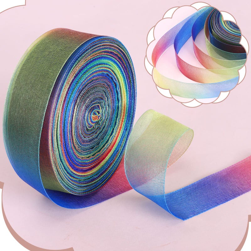 Shappy 1 Pack 1 Inch x 50 Yard Rainbow Gift Ribbon for Gift Wrapping Organza Ribbon Shimmer Sheer Rainbow Colors - Image 3