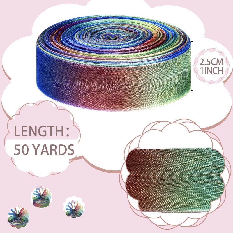 Shappy 1 Pack 1 Inch x 50 Yard Rainbow Gift Ribbon for Gift Wrapping Organza Ribbon Shimmer Sheer Rainbow Colors - Image 2