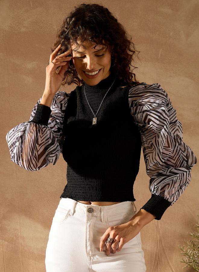 Kassually Printed Puff Sleeves Textured Crop Top - Image 1