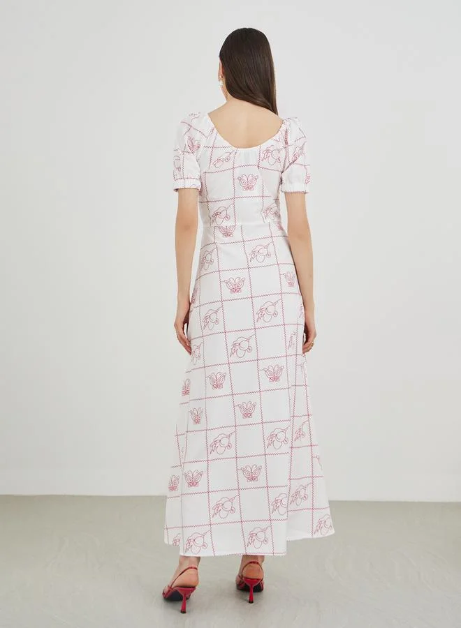 Take Two Take Two Printed Puff Sleeve Round Neck Maxi Dress