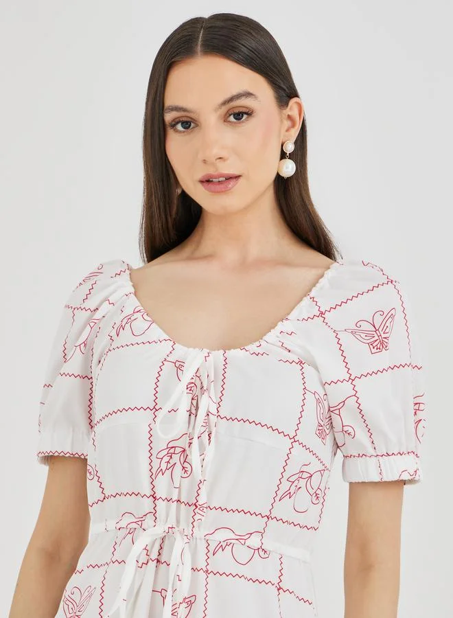 Take Two Take Two Printed Puff Sleeve Round Neck Maxi Dress