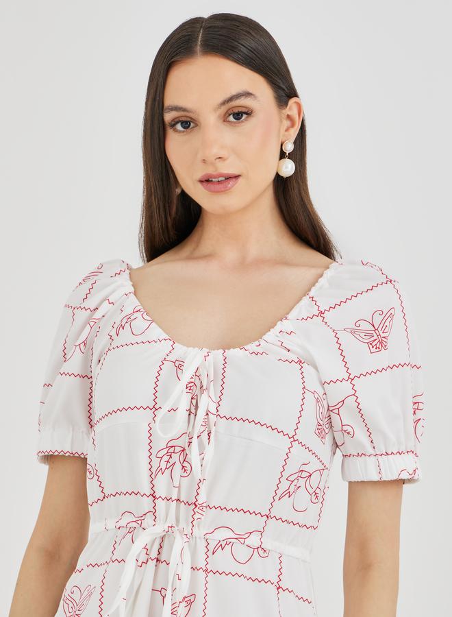 تايك تو فستان ماكسي بأكمام منفوشة مطبوعة وياقة دائرية - Image 4