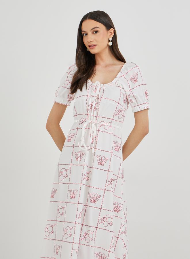 تايك تو فستان ماكسي بأكمام منفوشة مطبوعة وياقة دائرية - Image 3