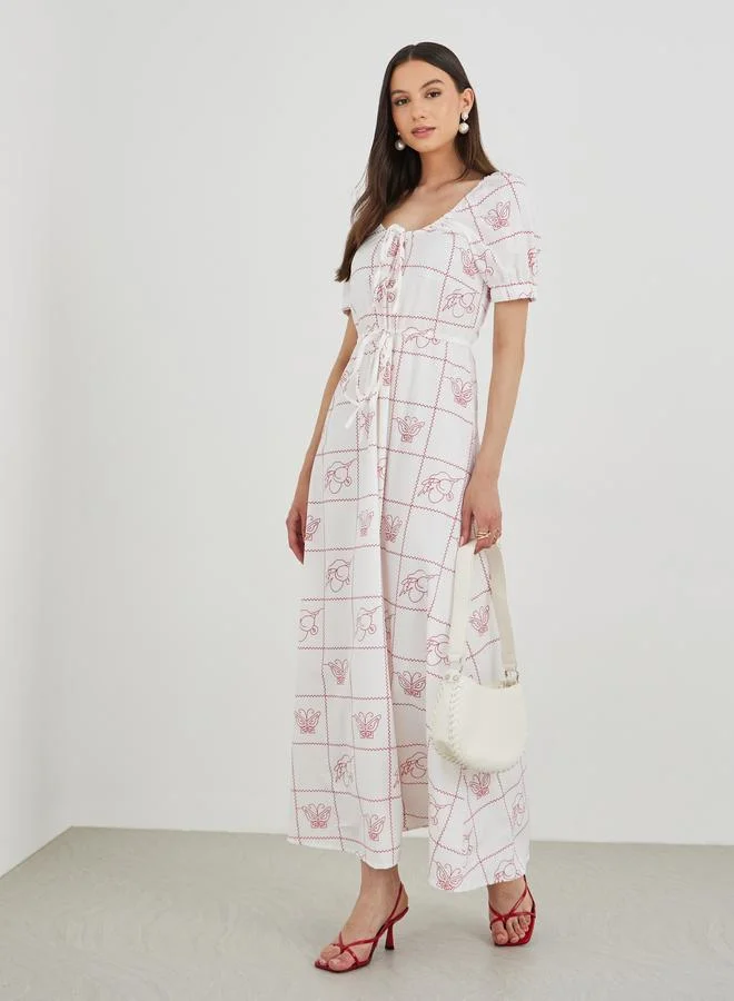 Take Two Take Two Printed Puff Sleeve Round Neck Maxi Dress