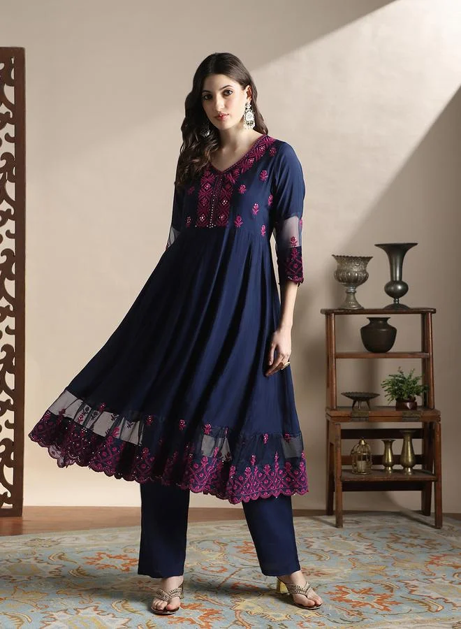 globus Sequin Embroidered Flared Hem Kurta and Pants Festive Set
