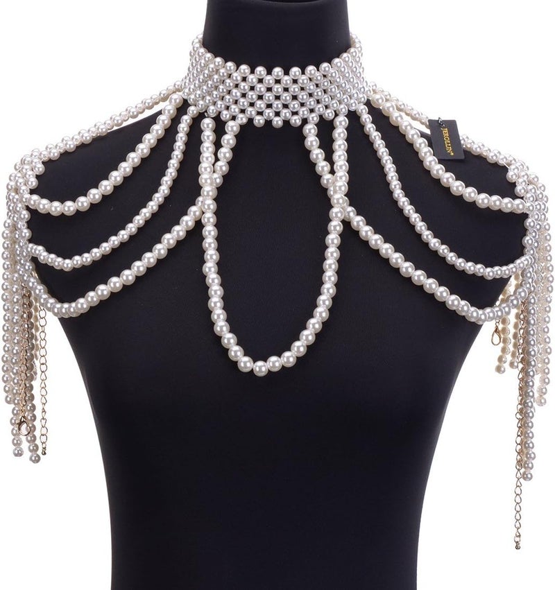 Jerollin Simulated Pearl Body Statement Necklace for Women, Fashion Collar Bib Necklaces Fashion Costume Jewelry - Image 3