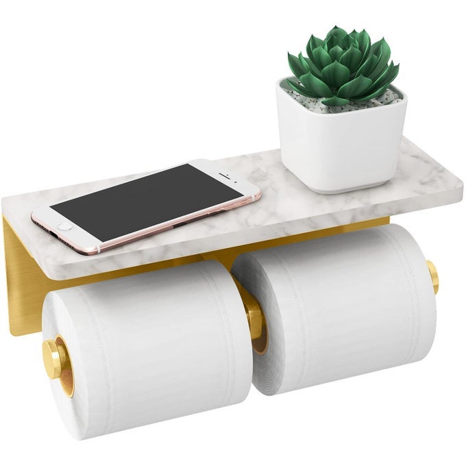 BRUSHED GOLD TOILET PAPER HOLDER WITH SHELF NEW UPGRADE DOUBLE TOILET PAPER HOLDER WITH STORAGE MARBLE ROLL TOILET PAPER WALL MOUNT FOR BATHROOM WASHROOM