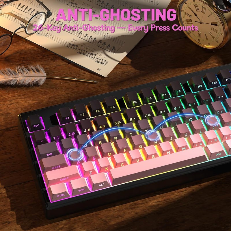 Free wolf FREEWOLF M87V2 Wireless Gaming Keyboard, Tri-Mode BT/2.4G/Wired, Quiet & Gentle, 4000mAh, Side Print Keycaps, QWERTY US, Anti-Ghosting, 16M RGB, for Mac/Win - Image 4