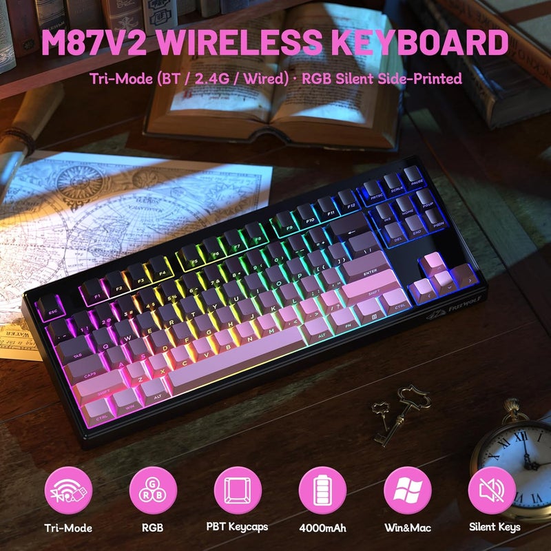 Free wolf FREEWOLF M87V2 Wireless Gaming Keyboard, Tri-Mode BT/2.4G/Wired, Quiet & Gentle, 4000mAh, Side Print Keycaps, QWERTY US, Anti-Ghosting, 16M RGB, for Mac/Win - Image 2