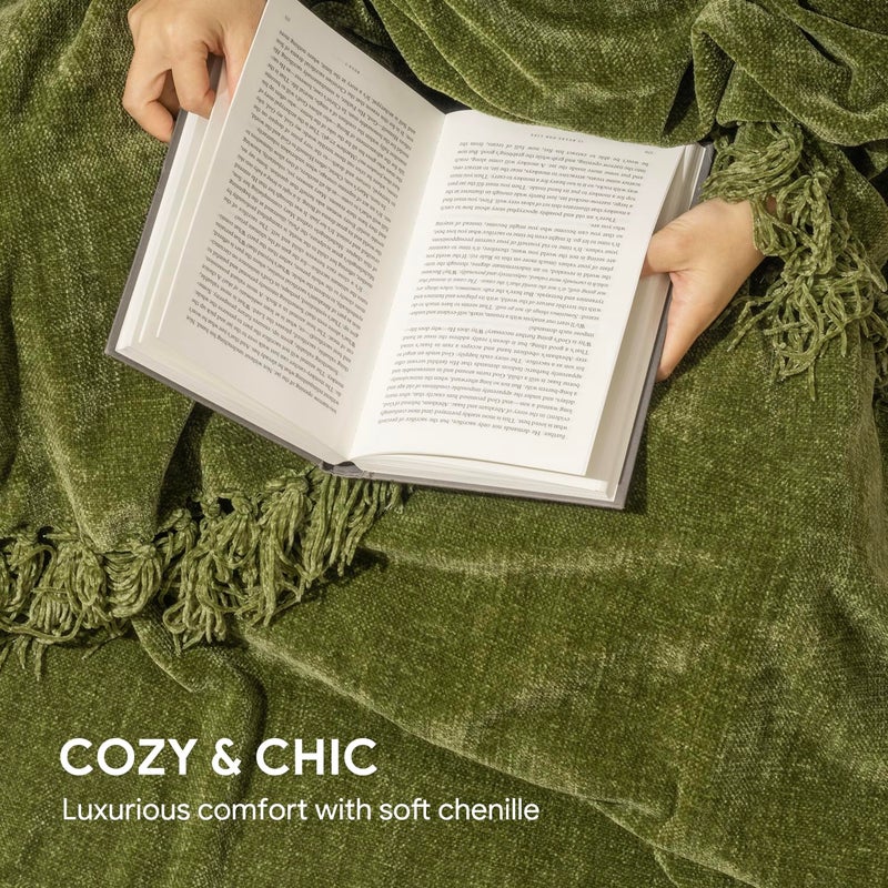 RECYCO Throw Blanket Soft Cozy Chenille Throw Blanket with Fringe Tassel for Couch Sofa Chair Bed Living Room Gift (Loden Green, 50'' x 60'') - Image 3