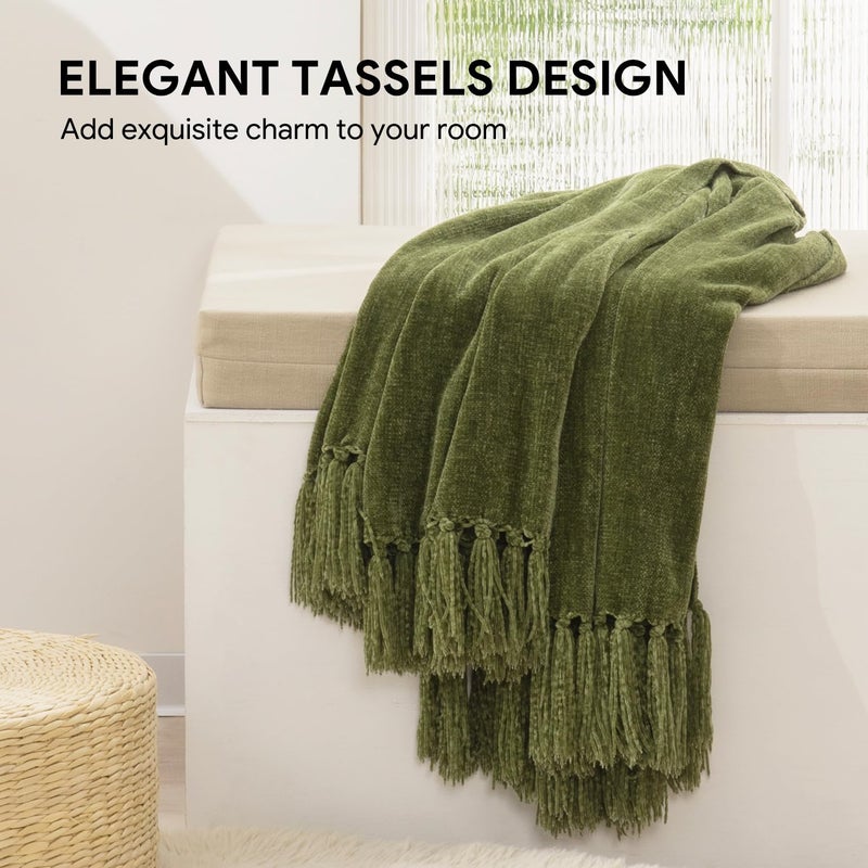 RECYCO Throw Blanket Soft Cozy Chenille Throw Blanket with Fringe Tassel for Couch Sofa Chair Bed Living Room Gift (Loden Green, 50'' x 60'') - Image 2