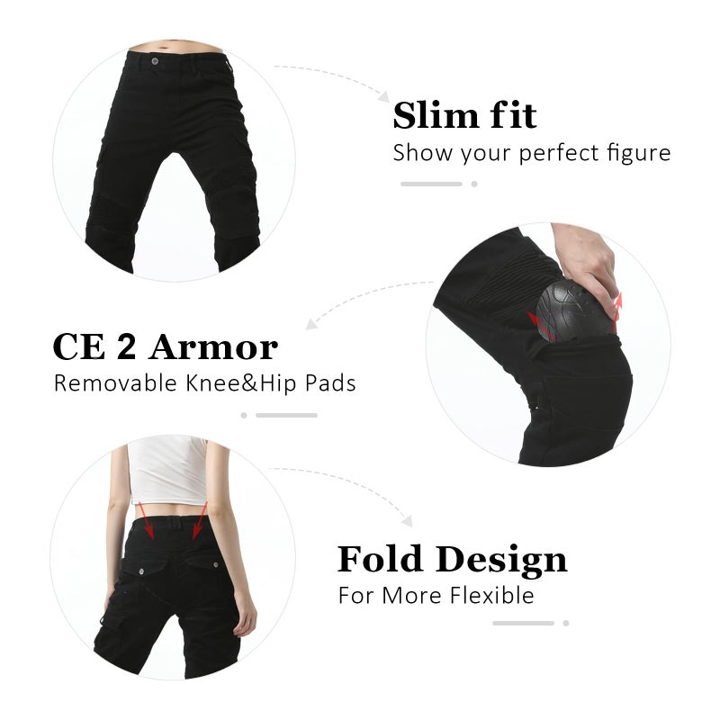 LOMENG Motorcycle Riding Pants Motorcycle Jeans Slim Fit with CE Knee Hip Removable Protectors Armor for Women Black M 30 - Image 3