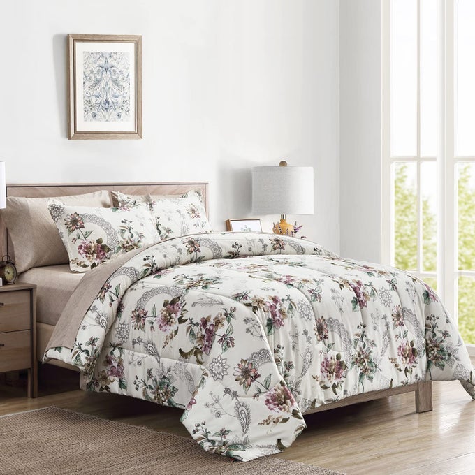 7 PIECES BED IN A BAG QUEEN COMFORTER SET WITH SHEETS BEIGE FLORAL DESIGN SOFT MICROFIBER BEDDING SETS FOR ALL SEASON 1 COMFORTER 2 PILLOW SHAMS 1 FLAT SHEET 1 FITTED SHEET 2 PILLOWCASES