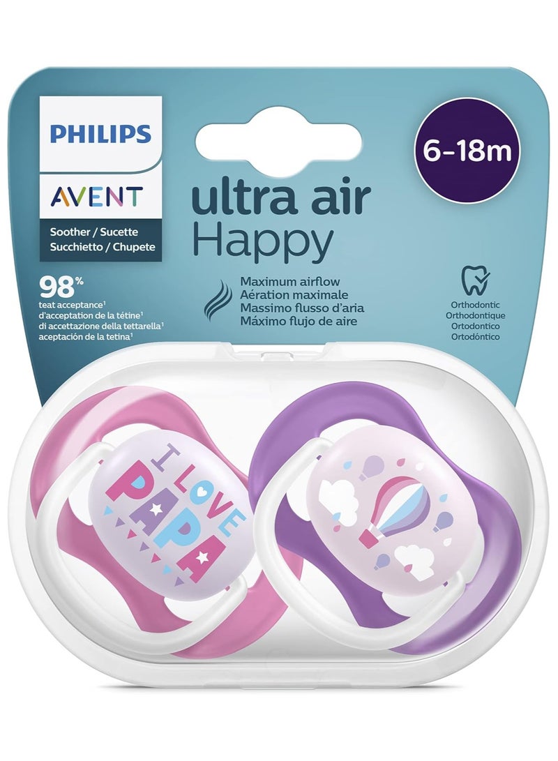 AVENT Philips Ultra Air Pacifier, for 6-18m, Orthodontic & BPA-Free, 2 pcs, Including Sterilizer/Carrying Case, SCF080/04 Raspberry Pink and Purple
