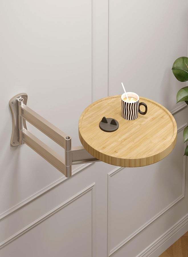 Semjar Wall Mounted Folding Table,Small Bamboo Drop Down Floating Wall Desk,11.8" Round Wood Tabletop with Retractable Aluminum Alloy Brackets,Bedside Wall Shelf Drop Top Desk,Fold Down Nightstand - Image 1