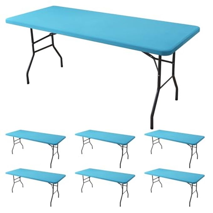 Enjoyidea Spandex Table Cover for 6 Foot Rectangle Tables-6 Pack Light Blue Outdoor Picnic Elastic Table Cover-Spandex Stretch Folding Table Cloths for Camping Dining Room Patio Kitchen Banquet Party