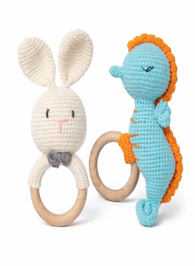 SYCAMORE EAST Handmade Crochet Bunny & Seahorse Baby Rattle Teether Combo | Wooden Ring Teething Toy for Newborn, Infant & Toddler | Organic Cotton Knit Soft Sensory Toy | Baby Shower Gift Set for Boys & Girls (Pack of 2)