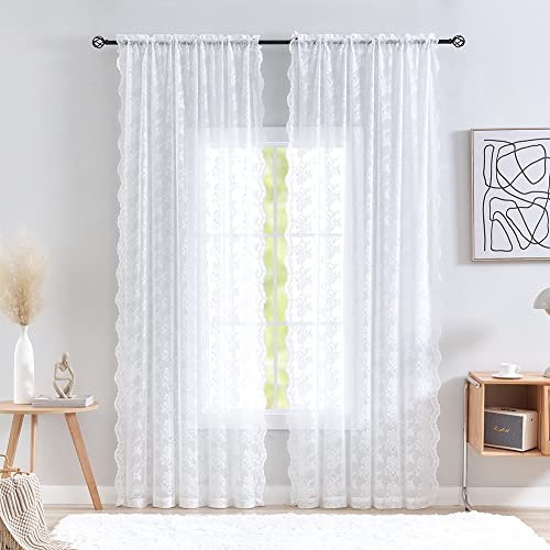 YJ YANJUN White Lace Curtains 63 inch Length Set of 2 French Elegance Floral Semi Sheer Curtain Panels Antique Short Victorian Curtains Rod Pocket Light Filtering 52 x 63 Inch White - Image 2