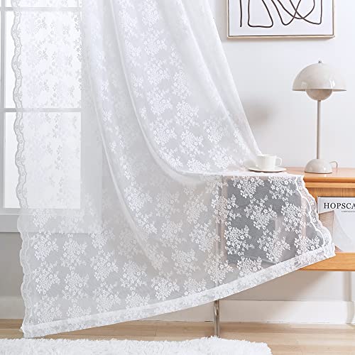 YJ YANJUN White Lace Curtains 63 inch Length Set of 2 French Elegance Floral Semi Sheer Curtain Panels Antique Short Victorian Curtains Rod Pocket Light Filtering 52 x 63 Inch White - Image 4