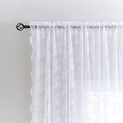 YJ YANJUN White Lace Curtains 63 inch Length Set of 2 French Elegance Floral Semi Sheer Curtain Panels Antique Short Victorian Curtains Rod Pocket Light Filtering 52 x 63 Inch White - Image 3