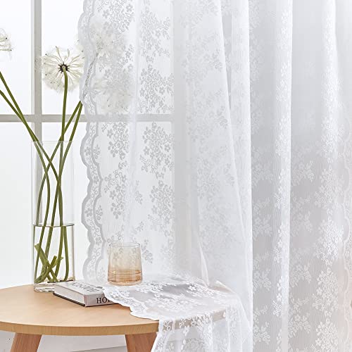 YJ YANJUN White Lace Curtains 63 inch Length Set of 2 French Elegance Floral Semi Sheer Curtain Panels Antique Short Victorian Curtains Rod Pocket Light Filtering 52 x 63 Inch White - Image 1