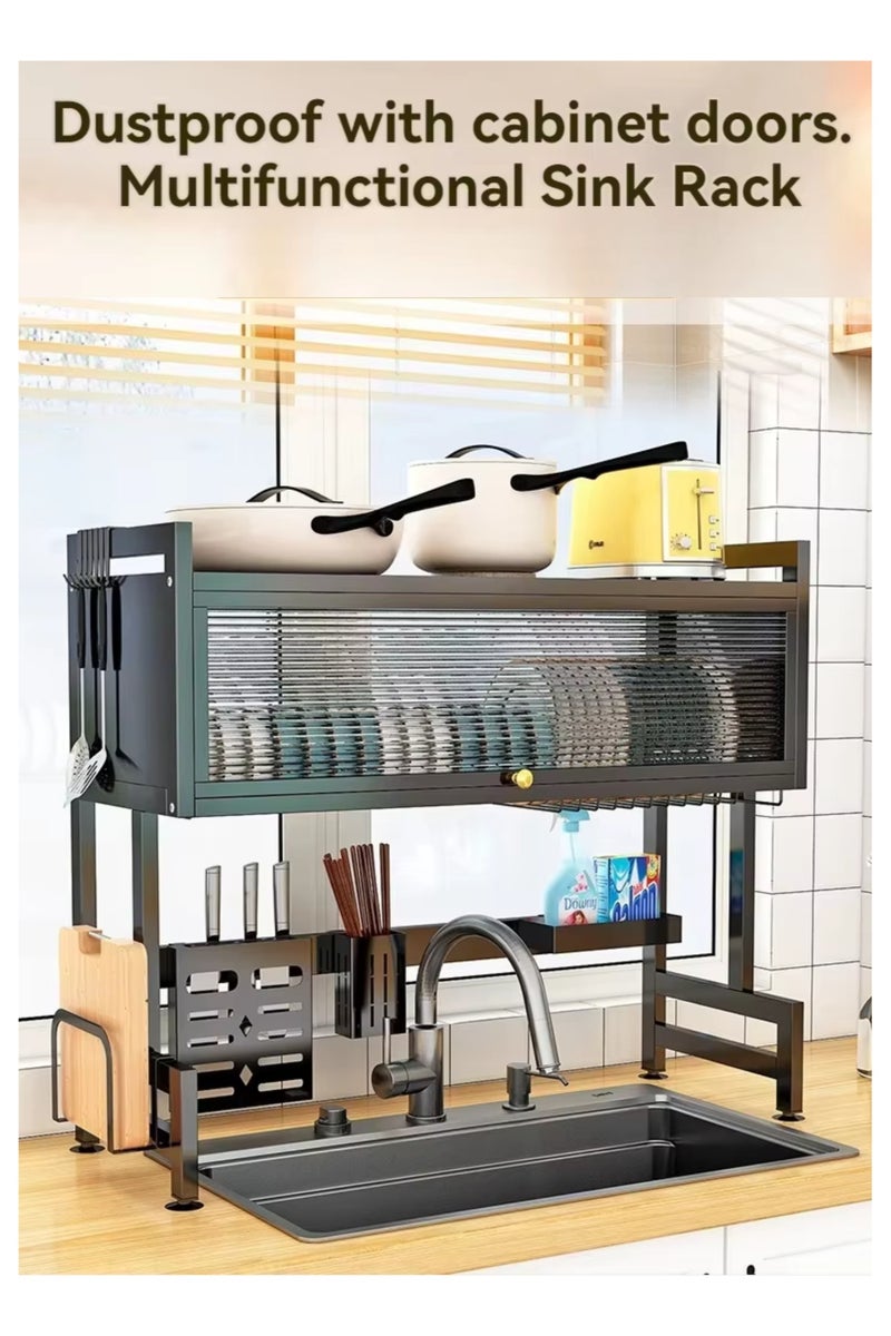 بيتشو رف تجفيف أطباق معدني عالي التحمل فوق الحوض، 3 طبقات فوق المنضدة مع خزانة مقاومة للغبار، مصفاة كبيرة الارتفاع مع حامل أدوات للمطبخ - Image 1
