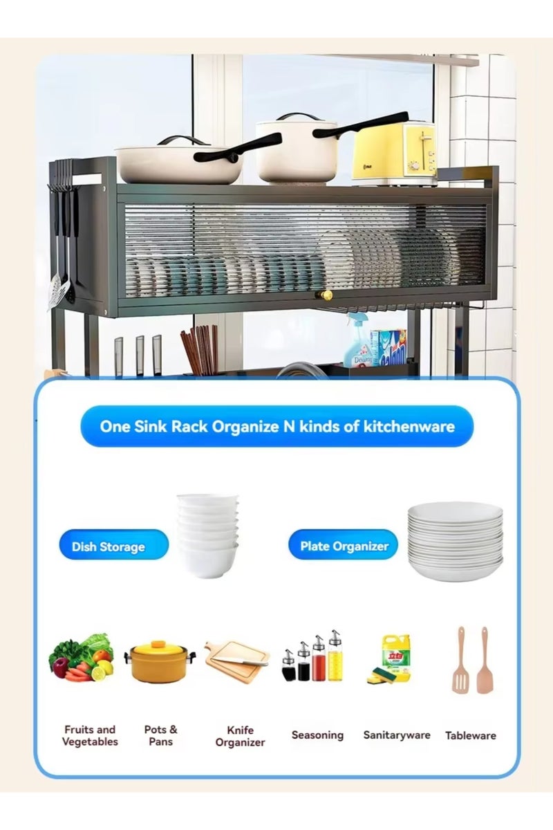 بيتشو رف تجفيف أطباق معدني عالي التحمل فوق الحوض، 3 طبقات فوق المنضدة مع خزانة مقاومة للغبار، مصفاة كبيرة الارتفاع مع حامل أدوات للمطبخ - Image 3