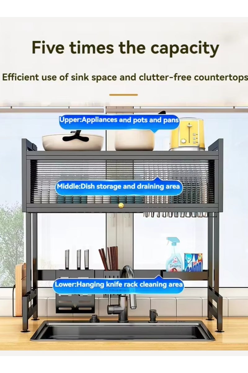 بيتشو رف تجفيف أطباق معدني عالي التحمل فوق الحوض، 3 طبقات فوق المنضدة مع خزانة مقاومة للغبار، مصفاة كبيرة الارتفاع مع حامل أدوات للمطبخ - Image 2