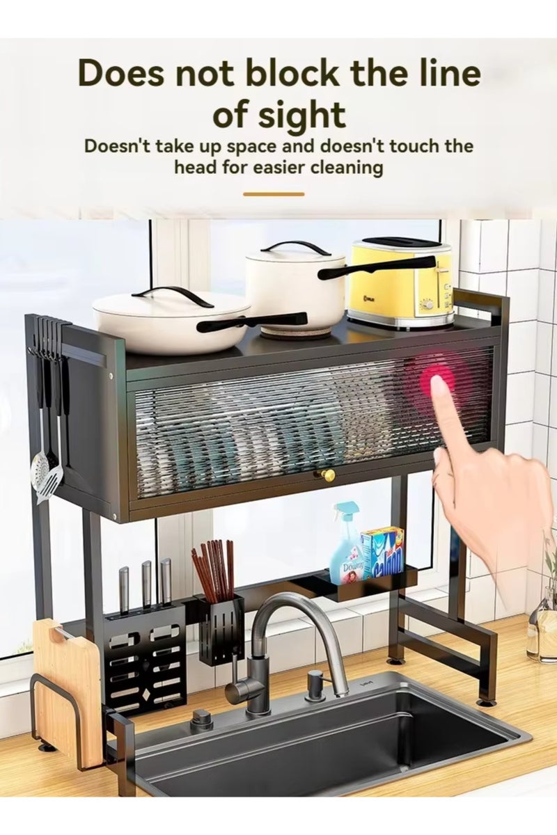 بيتشو رف تجفيف أطباق معدني عالي التحمل فوق الحوض، 3 طبقات فوق المنضدة مع خزانة مقاومة للغبار، مصفاة كبيرة الارتفاع مع حامل أدوات للمطبخ - Image 5
