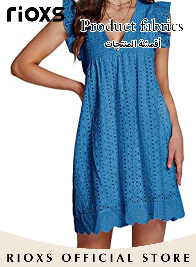 RIOXS Women Mini Dress, V-Neck Sleeveless Dress with Back Zipper, Lace Up Smocking Ruffle Short Slip Dress, Elegant Summer Dress, Suitable for Beach Vacation, Party, Swimpool and Daily Life  - Image 4