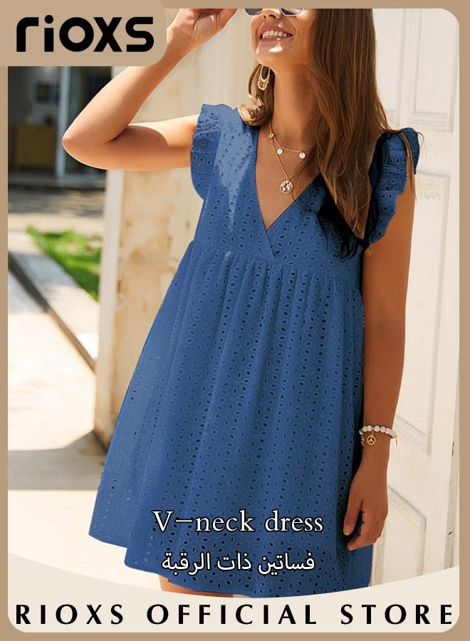 RIOXS Women Mini Dress, V-Neck Sleeveless Dress with Back Zipper, Lace Up Smocking Ruffle Short Slip Dress, Elegant Summer Dress, Suitable for Beach Vacation, Party, Swimpool and Daily Life  - Image 2