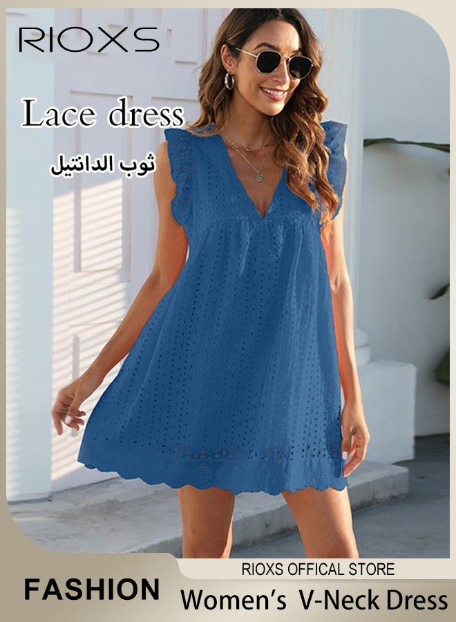 RIOXS Women Mini Dress, V-Neck Sleeveless Dress with Back Zipper, Lace Up Smocking Ruffle Short Slip Dress, Elegant Summer Dress, Suitable for Beach Vacation, Party, Swimpool and Daily Life  - Image 1
