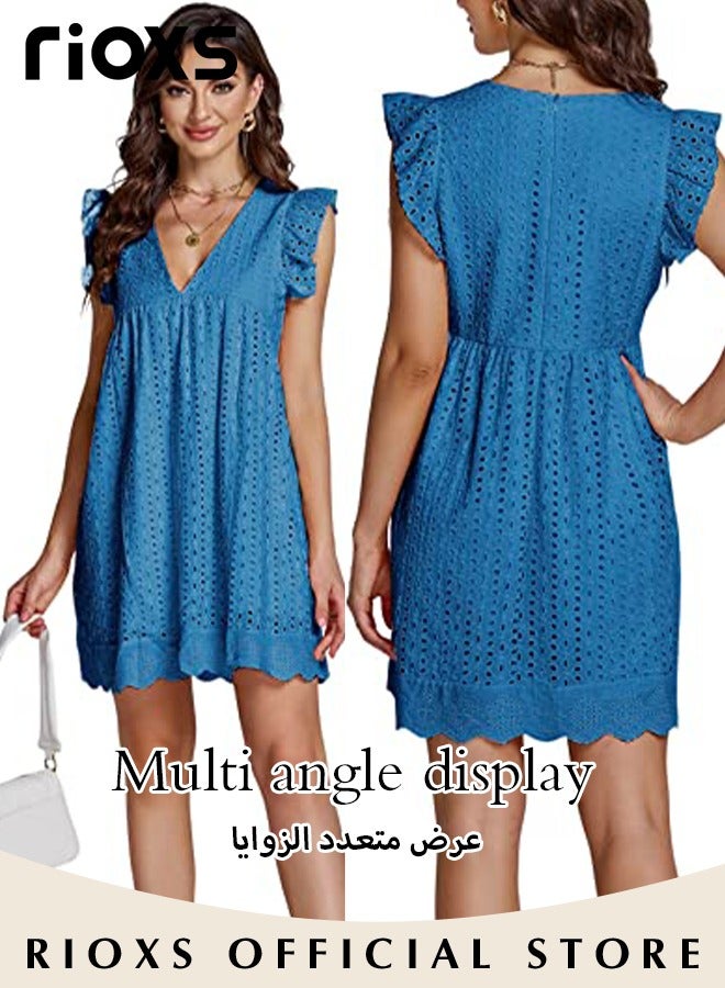 RIOXS Women Mini Dress, V-Neck Sleeveless Dress with Back Zipper, Lace Up Smocking Ruffle Short Slip Dress, Elegant Summer Dress, Suitable for Beach Vacation, Party, Swimpool and Daily Life  - Image 5