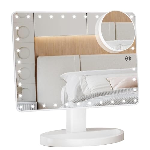 FUNTOUCH Large Lighted Makeup Mirror with Lights, Light Up Mirror with Small 10x Magnification for Desk, 360°Rotation Touch Screen,Brightness Adjustable Tabletop Cosmetic Vanity Make Up Mirror - Image 1