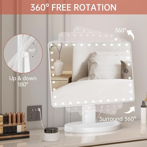 FUNTOUCH Large Lighted Makeup Mirror with Lights, Light Up Mirror with Small 10x Magnification for Desk, 360°Rotation Touch Screen,Brightness Adjustable Tabletop Cosmetic Vanity Make Up Mirror - Image 3
