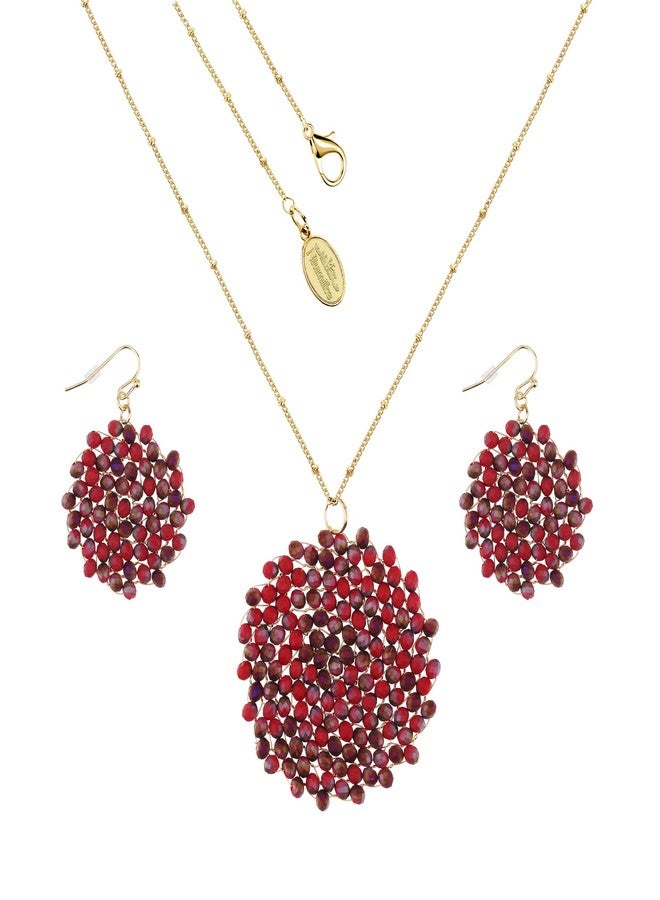 Niumike Handmade Crystal Circle Pendant Necklace and Earring Sets for Women Prom Disc Long Statement Necklaces Jewelry Sets Valentines Mother's Day Gifts for Her, Matte Red - Image 1