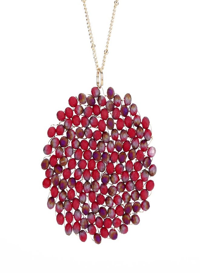 Niumike Handmade Crystal Circle Pendant Necklace and Earring Sets for Women Prom Disc Long Statement Necklaces Jewelry Sets Valentines Mother's Day Gifts for Her, Matte Red - Image 2