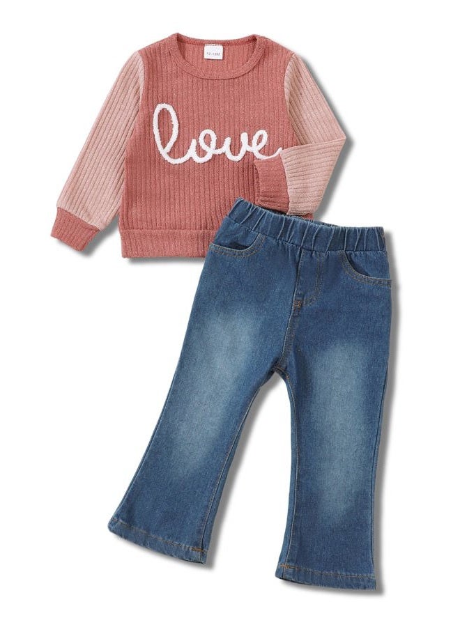SODLON Baby Girl Clothes 12 18 Months Infant Winter Outfits 18 Months Girl Clothes Spring 12 Month Girls Clothes Pink Sweater Sweatshirt Denim Pants Jeans Clothing - Image 1