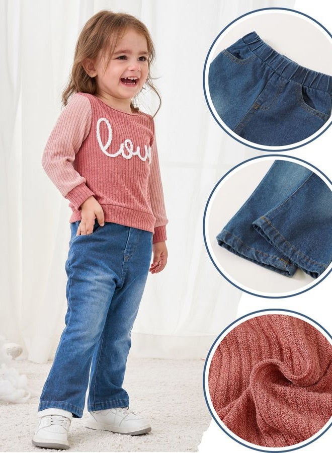 SODLON Baby Girl Clothes 12 18 Months Infant Winter Outfits 18 Months Girl Clothes Spring 12 Month Girls Clothes Pink Sweater Sweatshirt Denim Pants Jeans Clothing - Image 3