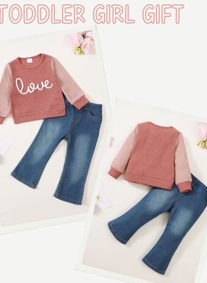SODLON Baby Girl Clothes 12 18 Months Infant Winter Outfits 18 Months Girl Clothes Spring 12 Month Girls Clothes Pink Sweater Sweatshirt Denim Pants Jeans Clothing - Image 5