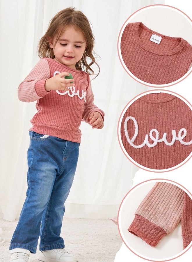 SODLON Baby Girl Clothes 12 18 Months Infant Winter Outfits 18 Months Girl Clothes Spring 12 Month Girls Clothes Pink Sweater Sweatshirt Denim Pants Jeans Clothing - Image 2