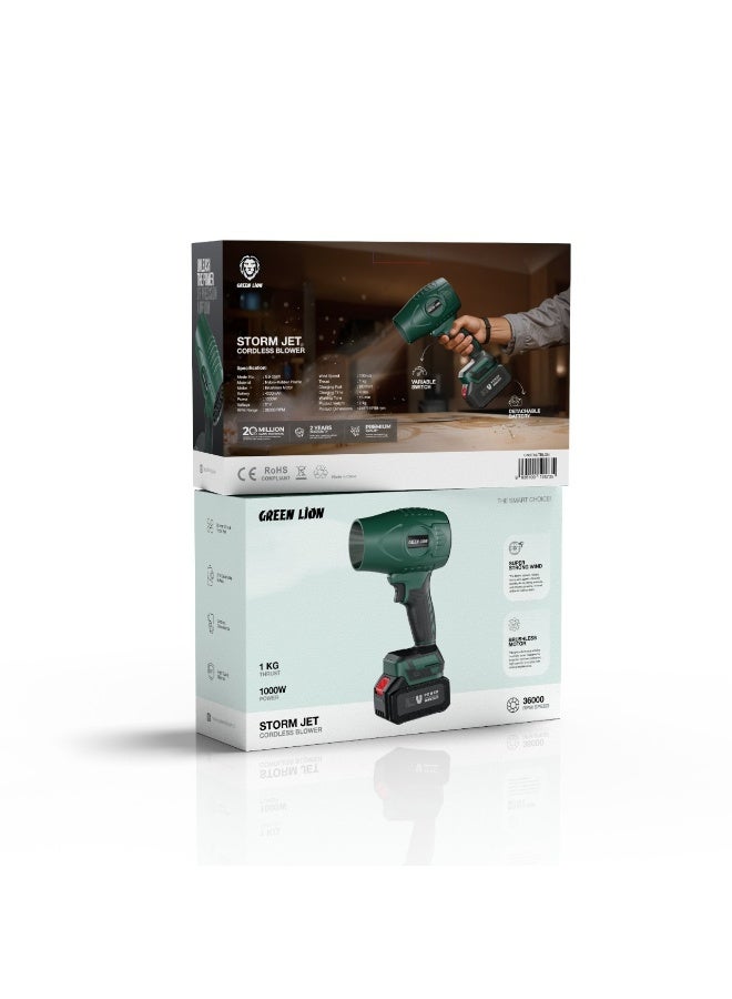 GREEN LION Storm Jet Cordless Blower with 21V Detachable Battery / High-Quality Material / Strong and Durable Blower for Cleaning Debris from Larger Surfaces / 80mm 12-leaf Fan / Powerful Air Duster - Green - Image 4