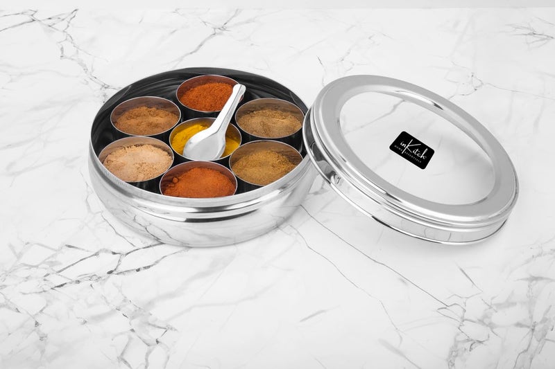 inKitch Stainless Steel Belly Shape Kitchen Spice Box Masala Container Masala Dani with individual See through lid with 7 Containers and Small SpoonSmall - Image 5